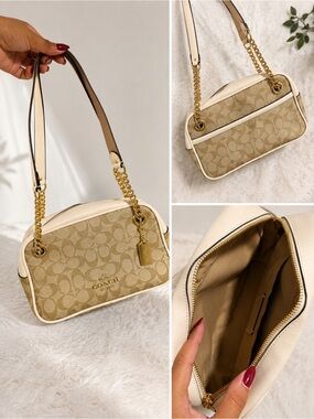 Coach Beige Signature Canvas Shoulder Bag with Cream Trim